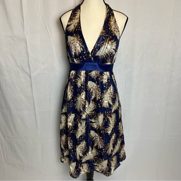 Laundry By Shelli Segal Womens Halter Dress Size 4 Blue & Metallic Gold Feathers - Picture 1 of 6